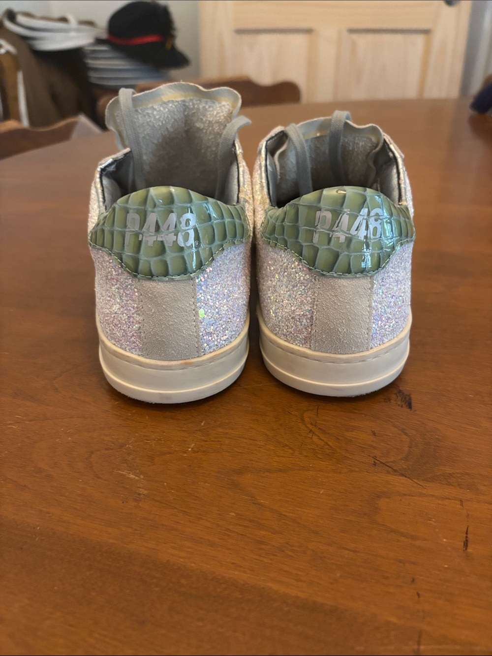 P448 John Iridescent White Glitter Low Top Sneakers Green Croc Size 40 - Picture 3 of 11